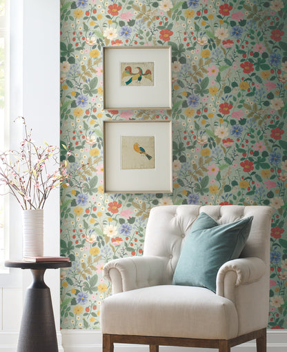 York Wallcoverings Rifle Paper Co. Second Edition Strawberry Fields Green and Pink Wallpaper  Florals and Flowers Greens   - RP7356