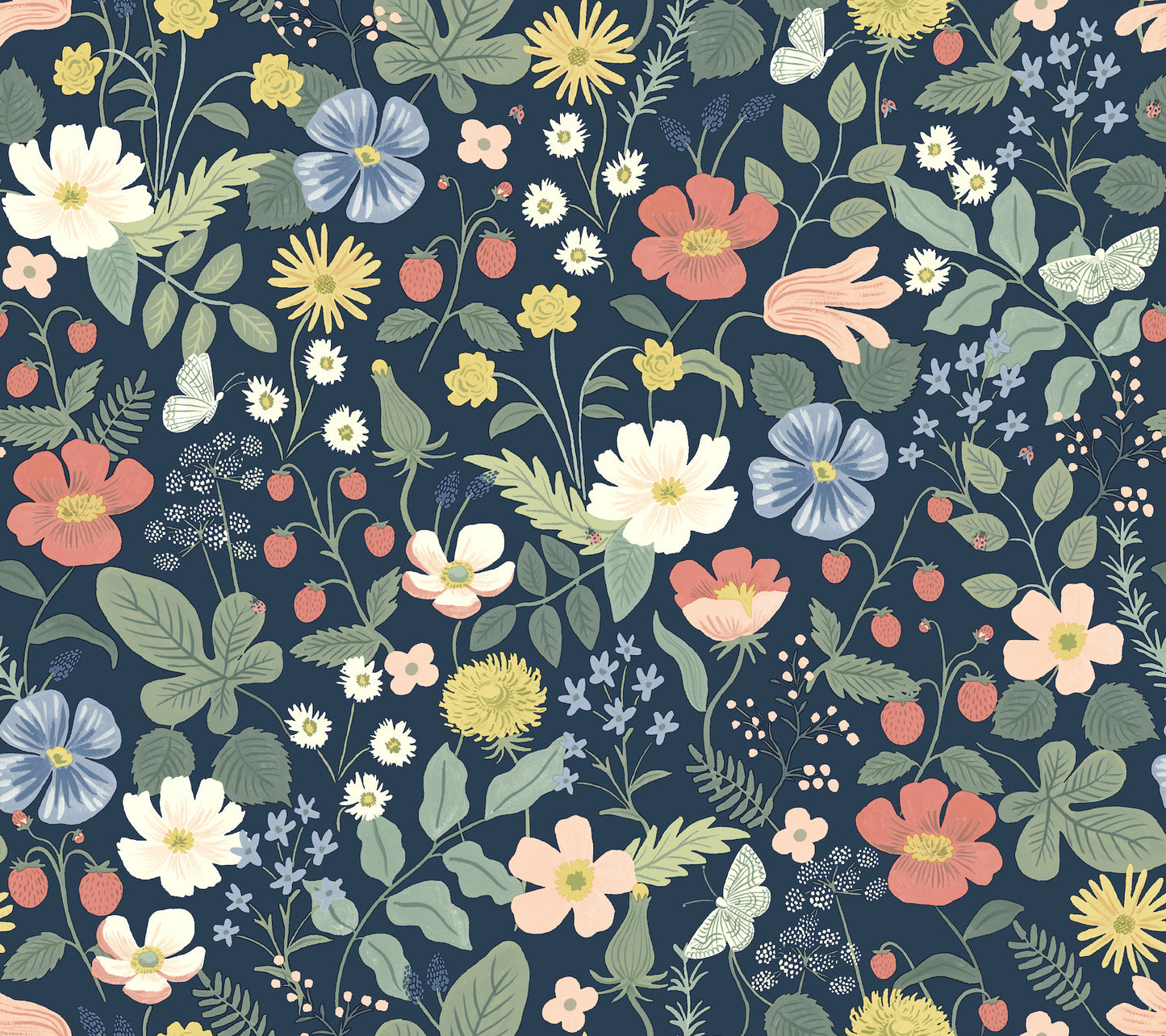 York Wallcoverings Rifle Paper Co. Second Edition Strawberry Fields Blue and Pink Wallpaper  Florals and Flowers Blues   - RP7358
