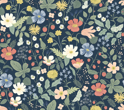 York Wallcoverings Rifle Paper Co. Second Edition Strawberry Fields Blue and Pink Wallpaper  Florals and Flowers Blues   - RP7358