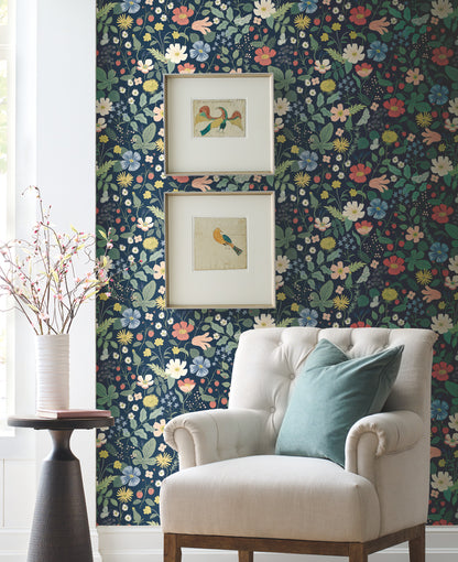 York Wallcoverings Rifle Paper Co. Second Edition Strawberry Fields Blue and Pink Wallpaper  Florals and Flowers Blues   - RP7358
