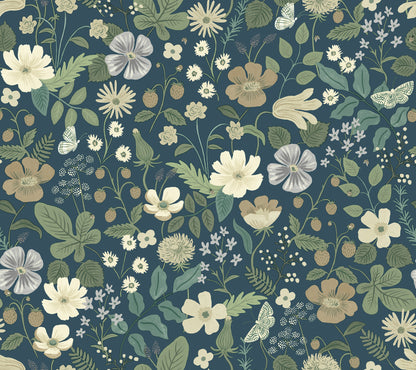 York Wallcoverings Rifle Paper Co. Second Edition Strawberry Fields Blue and Green Wallpaper  Florals and Flowers Blues   - RP7359