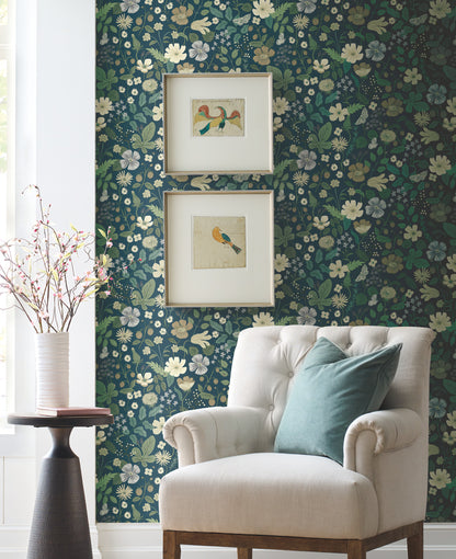 York Wallcoverings Rifle Paper Co. Second Edition Strawberry Fields Blue and Green Wallpaper  Florals and Flowers Blues   - RP7359