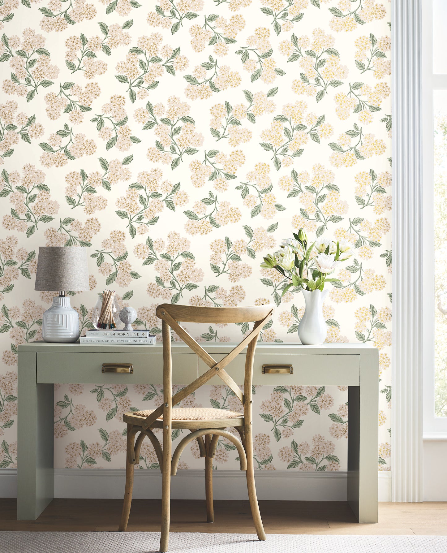York Wallcoverings Rifle Paper Co. Second Edition Hydrangea Beige and Pink Wallpaper  Florals and Flowers Pinks   - RP7393