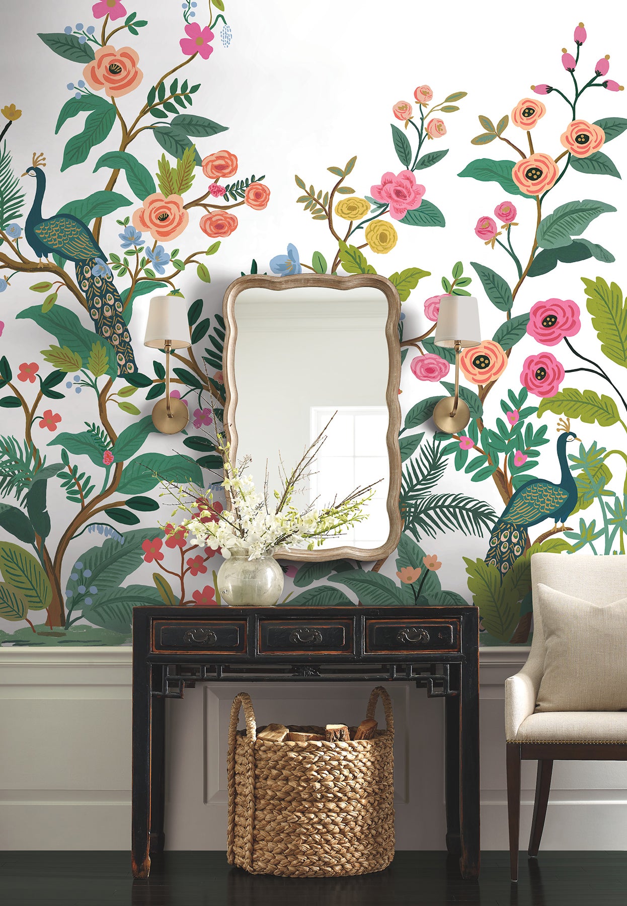 York Wallcoverings Rifle Paper Co. Second Edition Peacock White Wall Mural Feature Wall Animals and Insects Greens   - RP7397M