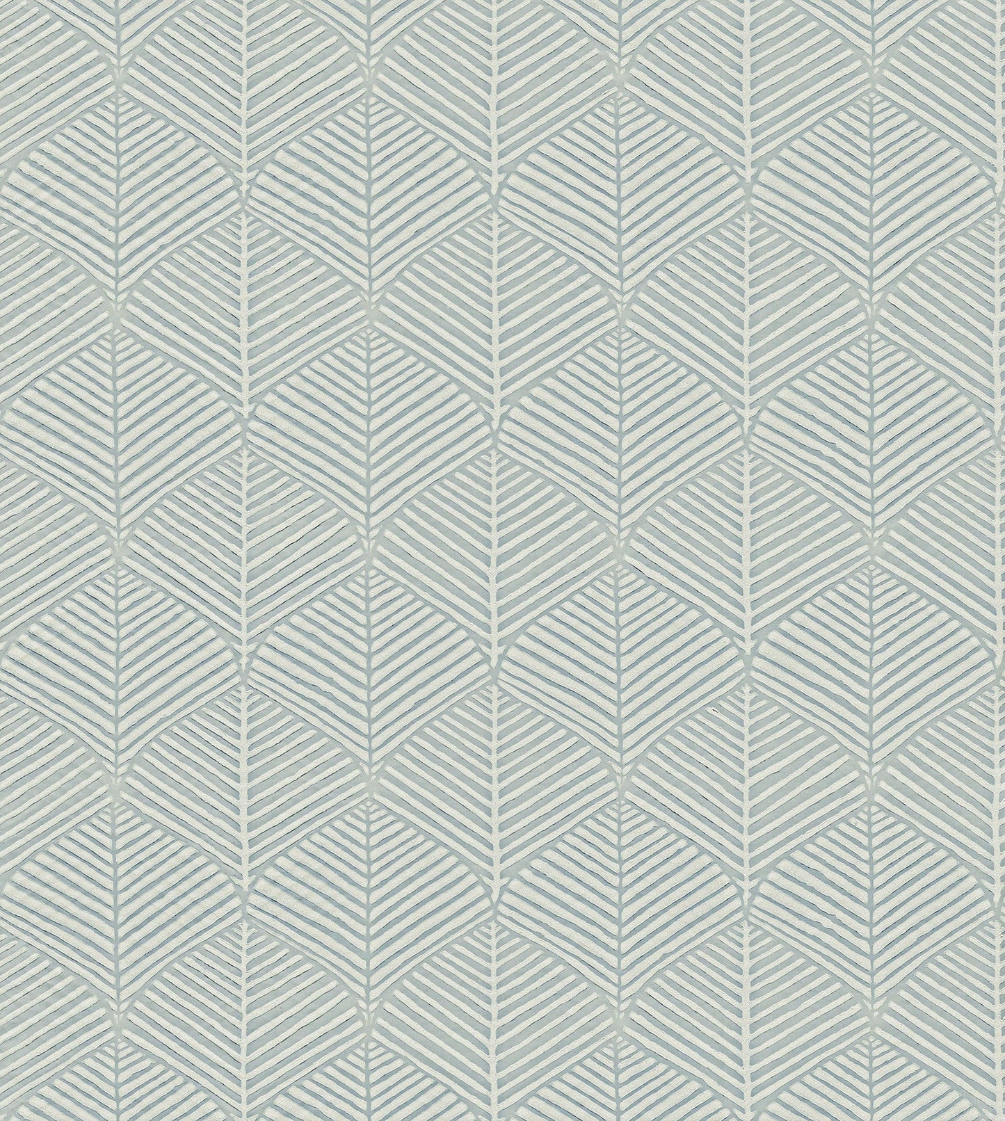 Soft blue-gray chevron leaf wallpaper with pale cream lines in a repeating geometric pattern.