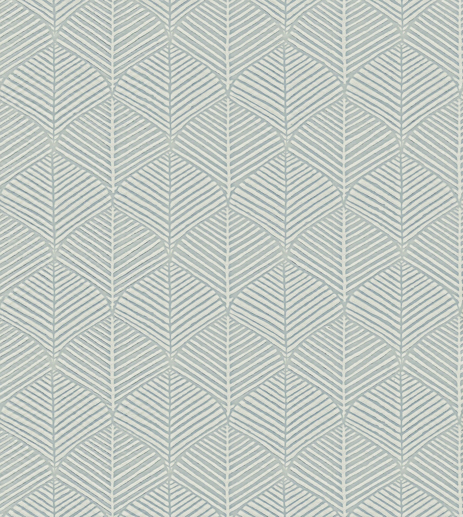 Soft blue-gray chevron leaf wallpaper with pale cream lines in a repeating geometric pattern.