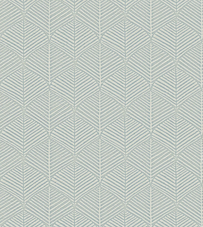 Soft blue-gray chevron leaf wallpaper with pale cream lines in a repeating geometric pattern.