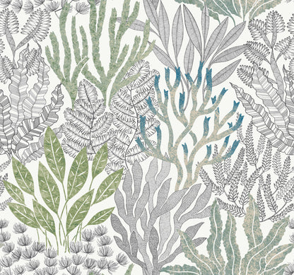 York Wallcoverings Toile Resource Library Coral Leaves Blue and Green Wallpaper Modern Toile Greens   - RT7803