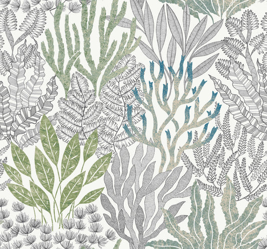 York Wallcoverings Toile Resource Library Coral Leaves Blue and Green Wallpaper Modern Toile Greens   - RT7803