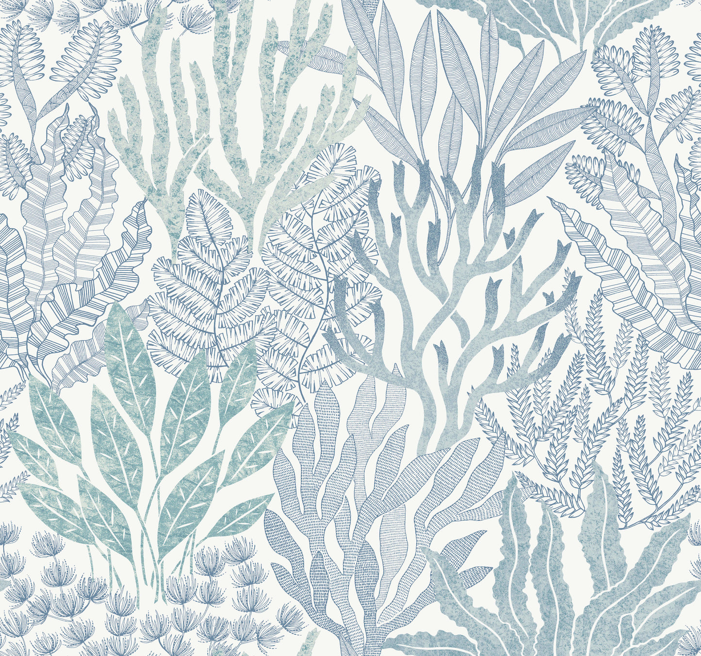 York Wallcoverings Toile Resource Library Coral Leaves Blue and Aqua Wallpaper Modern Toile Blues   - RT7804