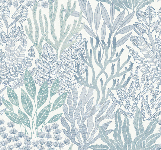York Wallcoverings Toile Resource Library Coral Leaves Blue and Aqua Wallpaper Modern Toile Blues   - RT7804