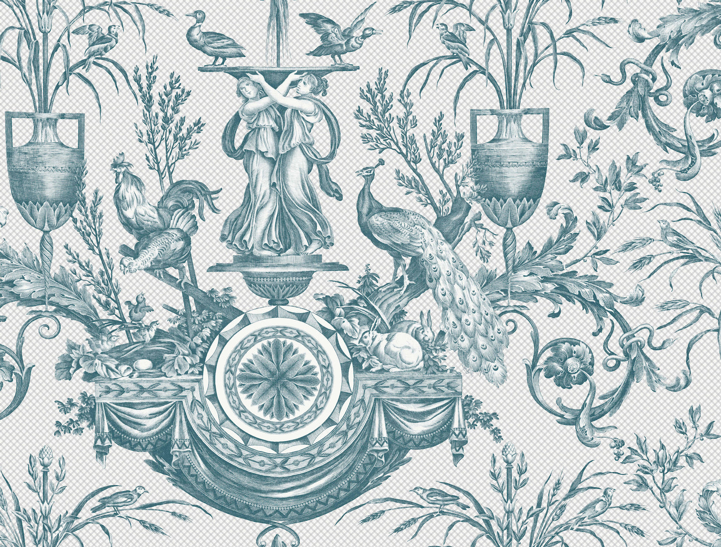 York Wallcoverings Toile Resource Library Avian Fountain Toile Jade Wallpaper Traditional Toile Whites and Off-Whites   - RT7811