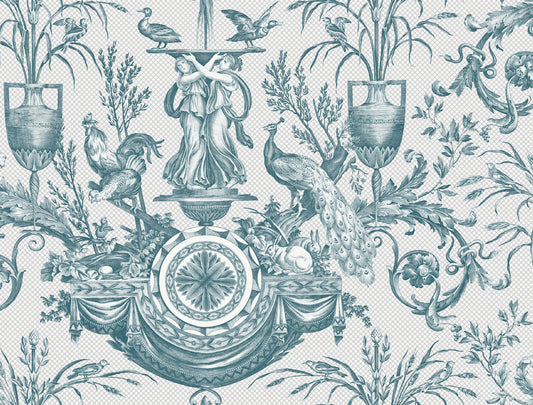 York Wallcoverings Toile Resource Library Avian Fountain Toile Jade Wallpaper Traditional Toile Whites and Off-Whites   - RT7811