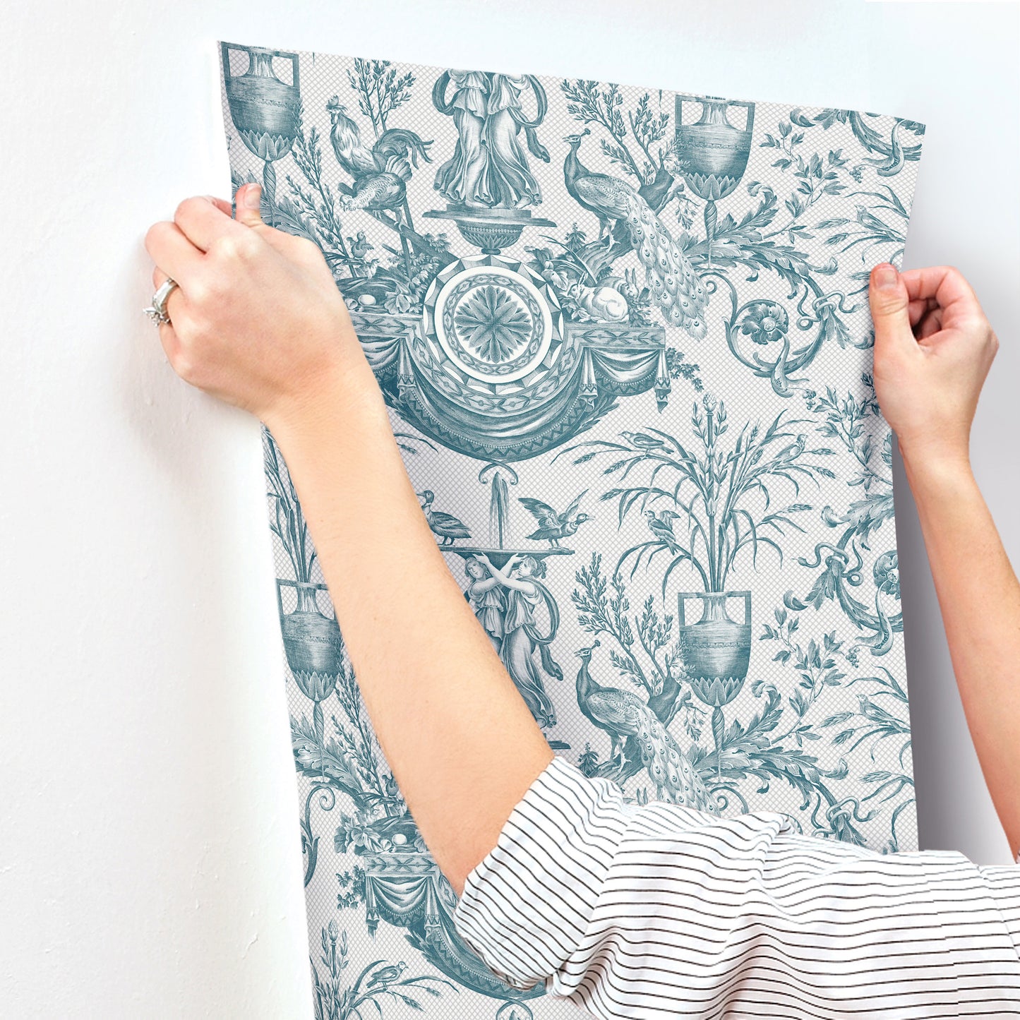 York Wallcoverings Toile Resource Library Avian Fountain Toile Jade Wallpaper Traditional Toile Whites and Off-Whites   - RT7811