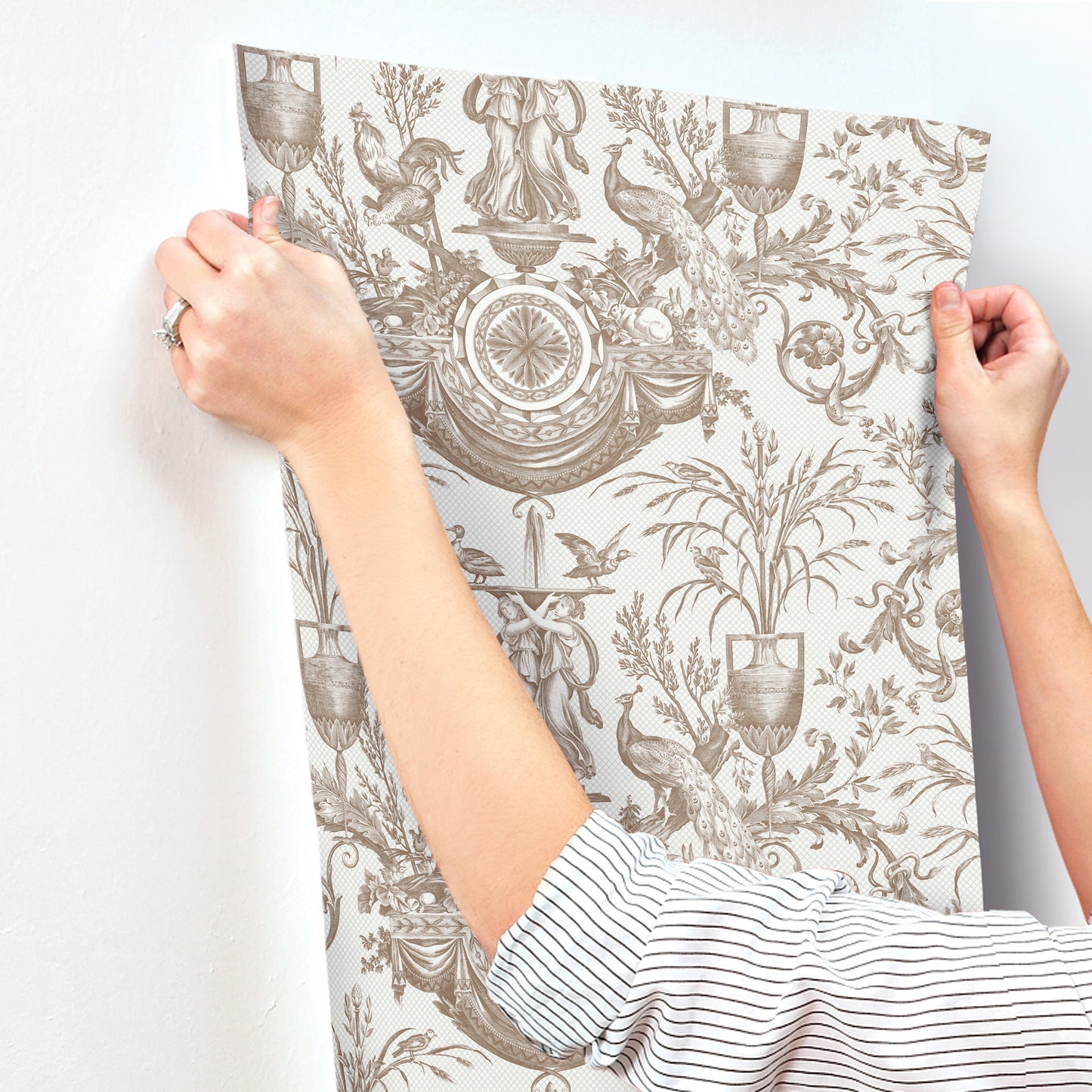 York Wallcoverings Toile Resource Library Avian Fountain Toile Mink Wallpaper Traditional Toile Whites and Off-Whites   - RT7812