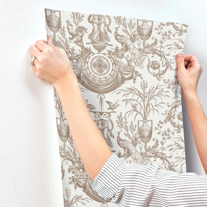 York Wallcoverings Toile Resource Library Avian Fountain Toile Mink Wallpaper Traditional Toile Whites and Off-Whites   - RT7812