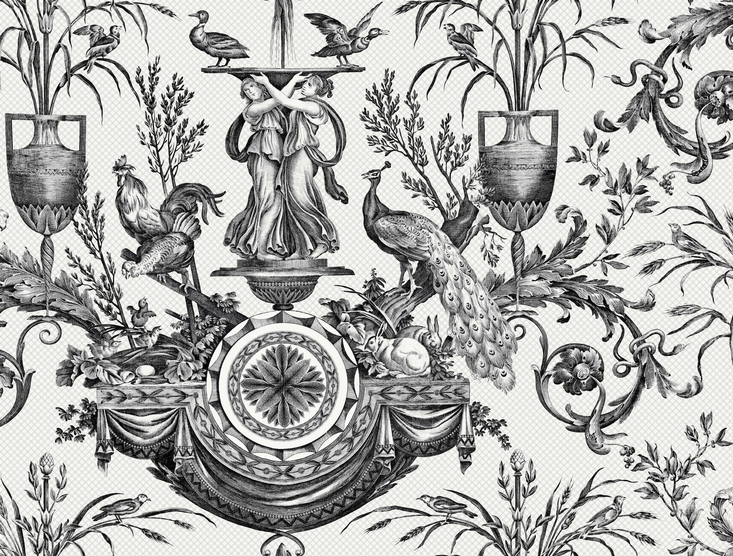 York Wallcoverings Toile Resource Library Avian Fountain Toile Black Wallpaper Traditional Toile Whites and Off-Whites   - RT7813