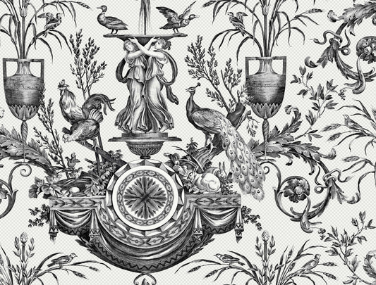 York Wallcoverings Toile Resource Library Avian Fountain Toile Black Wallpaper Traditional Toile Whites and Off-Whites   - RT7813