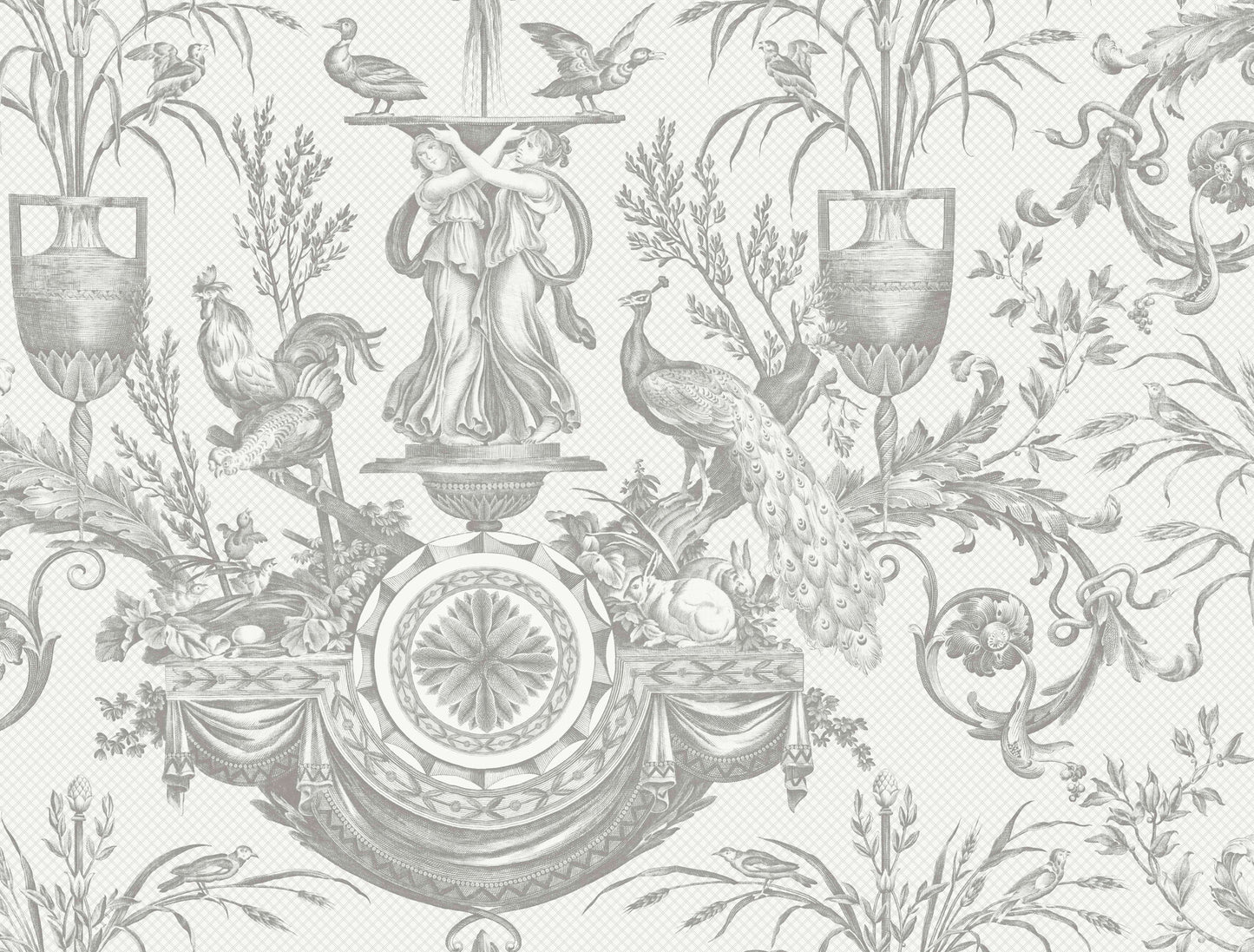 York Wallcoverings Toile Resource Library Avian Fountain Toile Grey Wallpaper Traditional Toile Whites and Off-Whites   - RT7815