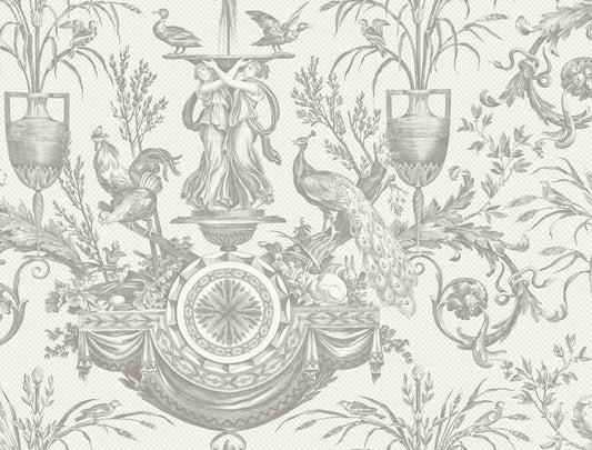 York Wallcoverings Toile Resource Library Avian Fountain Toile Grey Wallpaper Traditional Toile Whites and Off-Whites   - RT7815