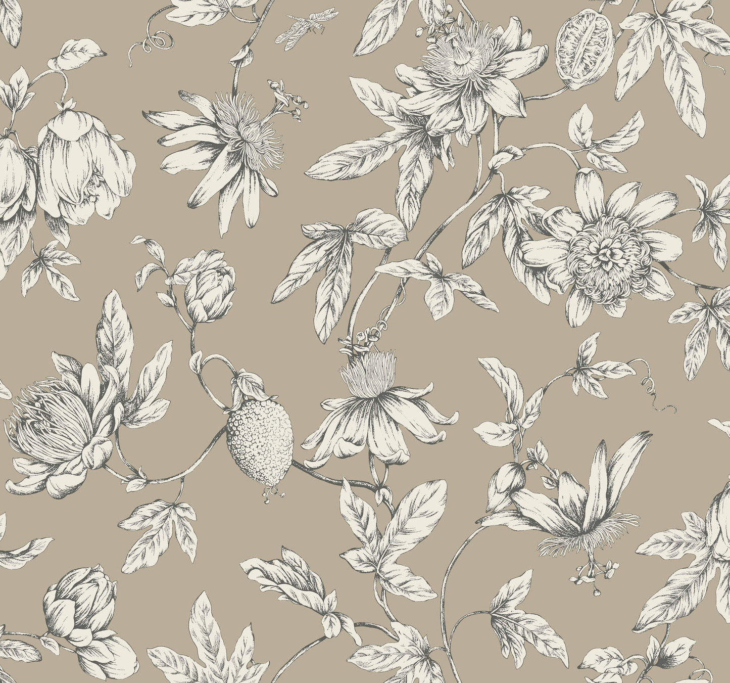 York Wallcoverings Toile Resource Library Passion Flower Toile Linen Wallpaper Traditional Toile Browns   - RT7852