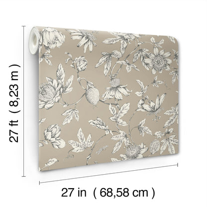 York Wallcoverings Toile Resource Library Passion Flower Toile Linen Wallpaper Traditional Toile Browns   - RT7852