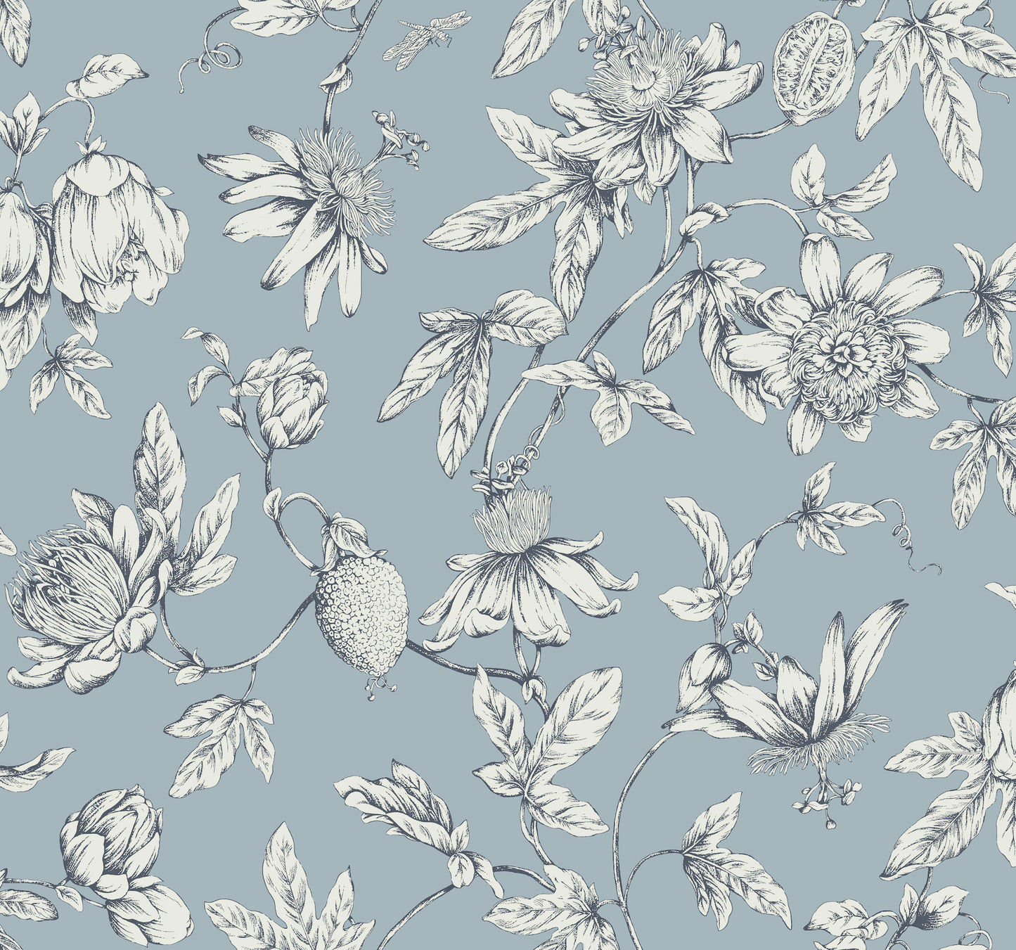 York Wallcoverings Toile Resource Library Passion Flower Toile Sky Blue Wallpaper Traditional Toile Blues   - RT7853