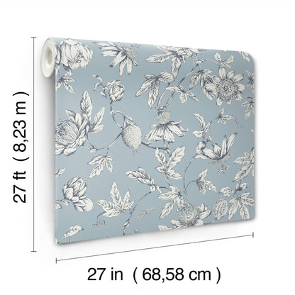 York Wallcoverings Toile Resource Library Passion Flower Toile Sky Blue Wallpaper Traditional Toile Blues   - RT7853