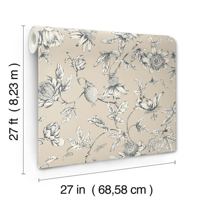 York Wallcoverings Toile Resource Library Passion Flower Toile Beige Wallpaper Traditional Toile Beiges   - RT7854