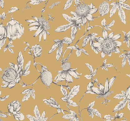 York Wallcoverings Toile Resource Library Passion Flower Toile Harvest Wallpaper Traditional Toile Yellows   - RT7855