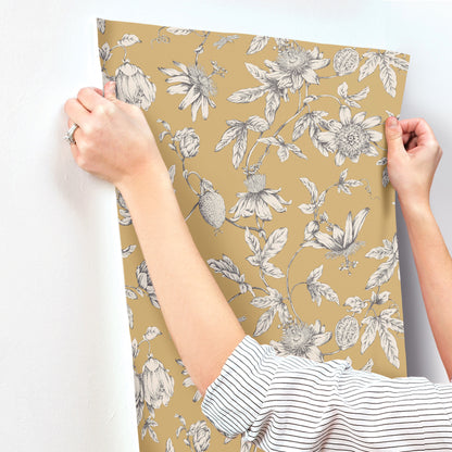 York Wallcoverings Toile Resource Library Passion Flower Toile Harvest Wallpaper Traditional Toile Yellows   - RT7855