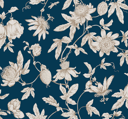 York Wallcoverings Toile Resource Library Passion Flower Toile Navy Wallpaper Traditional Toile Blues   - RT7856