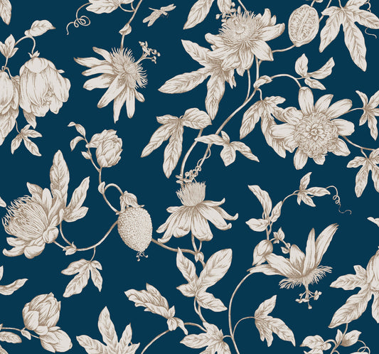 York Wallcoverings Toile Resource Library Passion Flower Toile Navy Wallpaper Traditional Toile Blues   - RT7856