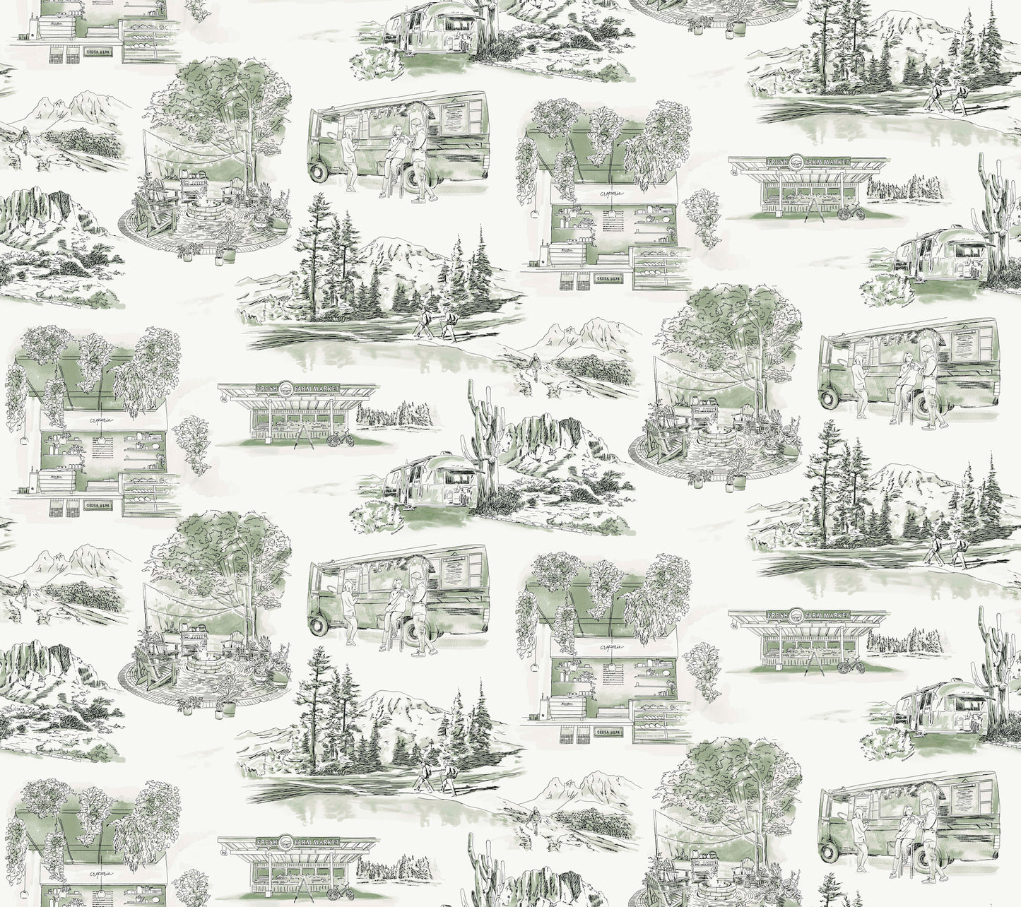 York Wallcoverings Toile Resource Library Modern Vista Toile Evergreen Wallpaper Modern Toile Greens   - RT7863