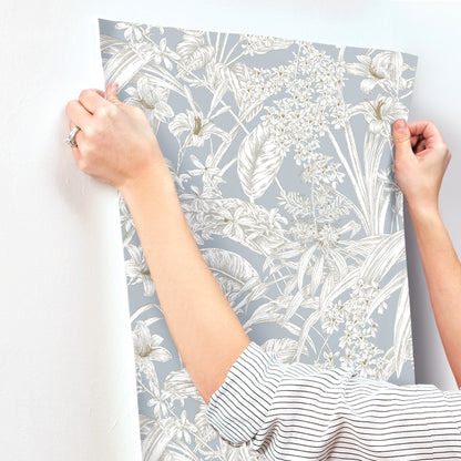 York Wallcoverings Toile Resource Library Orchid Conservatory Toile Blue and Taupe Wallpaper Tropical Toile Blues   - RT7884