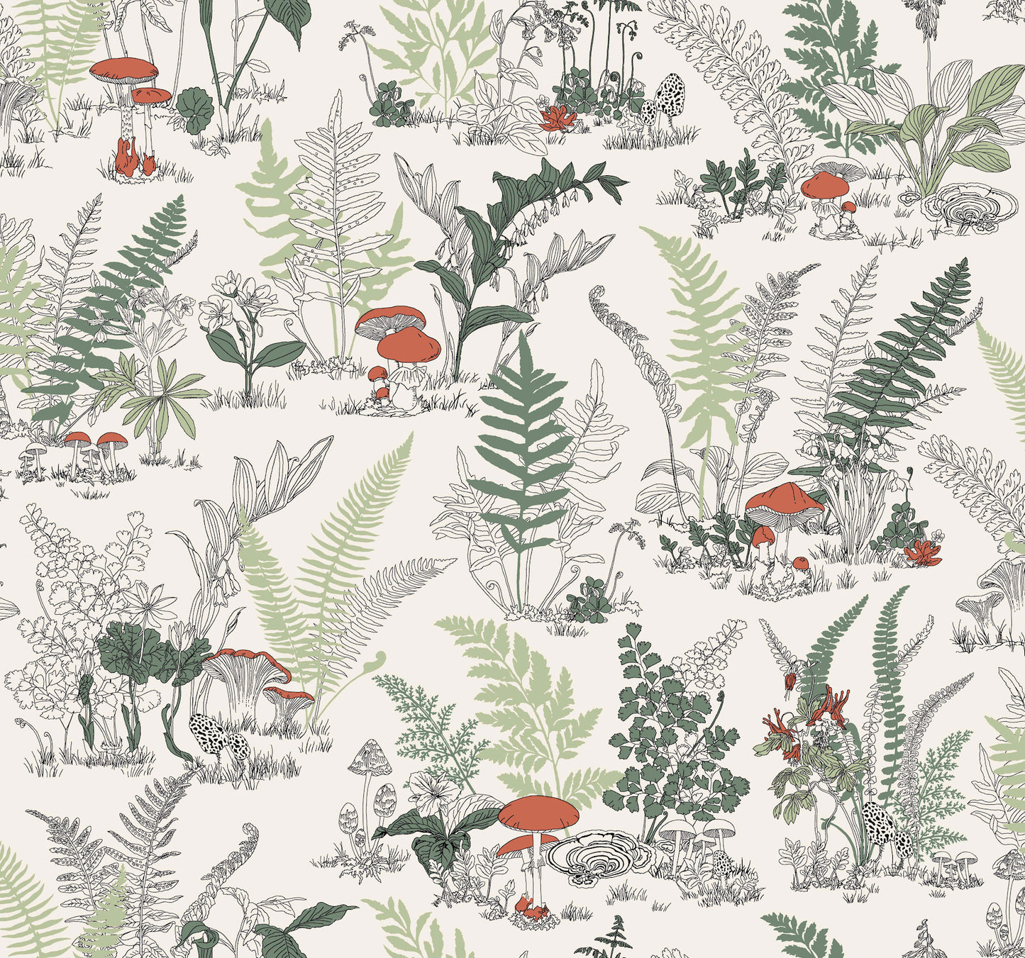 York Wallcoverings Toile Resource Library Mushroom Garden Toile Red and Green Wallpaper Whimsical Toile Whites and Off-Whites   - RT7891