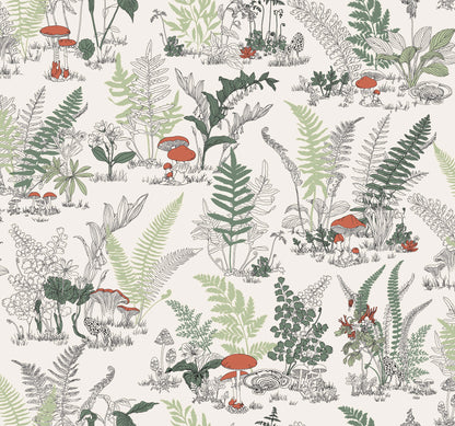 York Wallcoverings Toile Resource Library Mushroom Garden Toile Red and Green Wallpaper Whimsical Toile Whites and Off-Whites   - RT7891