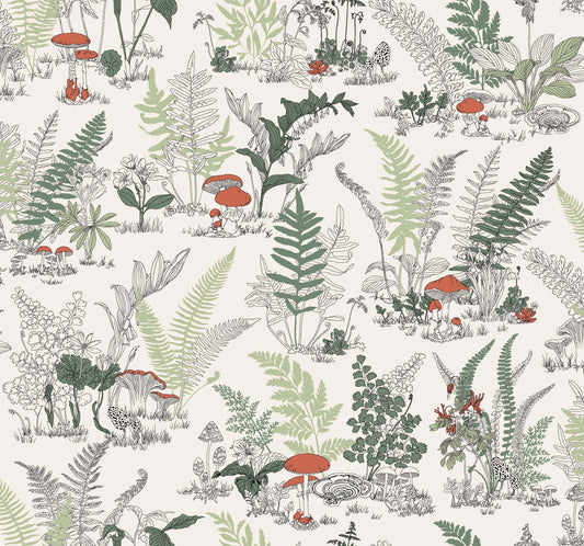 York Wallcoverings Toile Resource Library Mushroom Garden Toile Red and Green Wallpaper Whimsical Toile Whites and Off-Whites   - RT7891