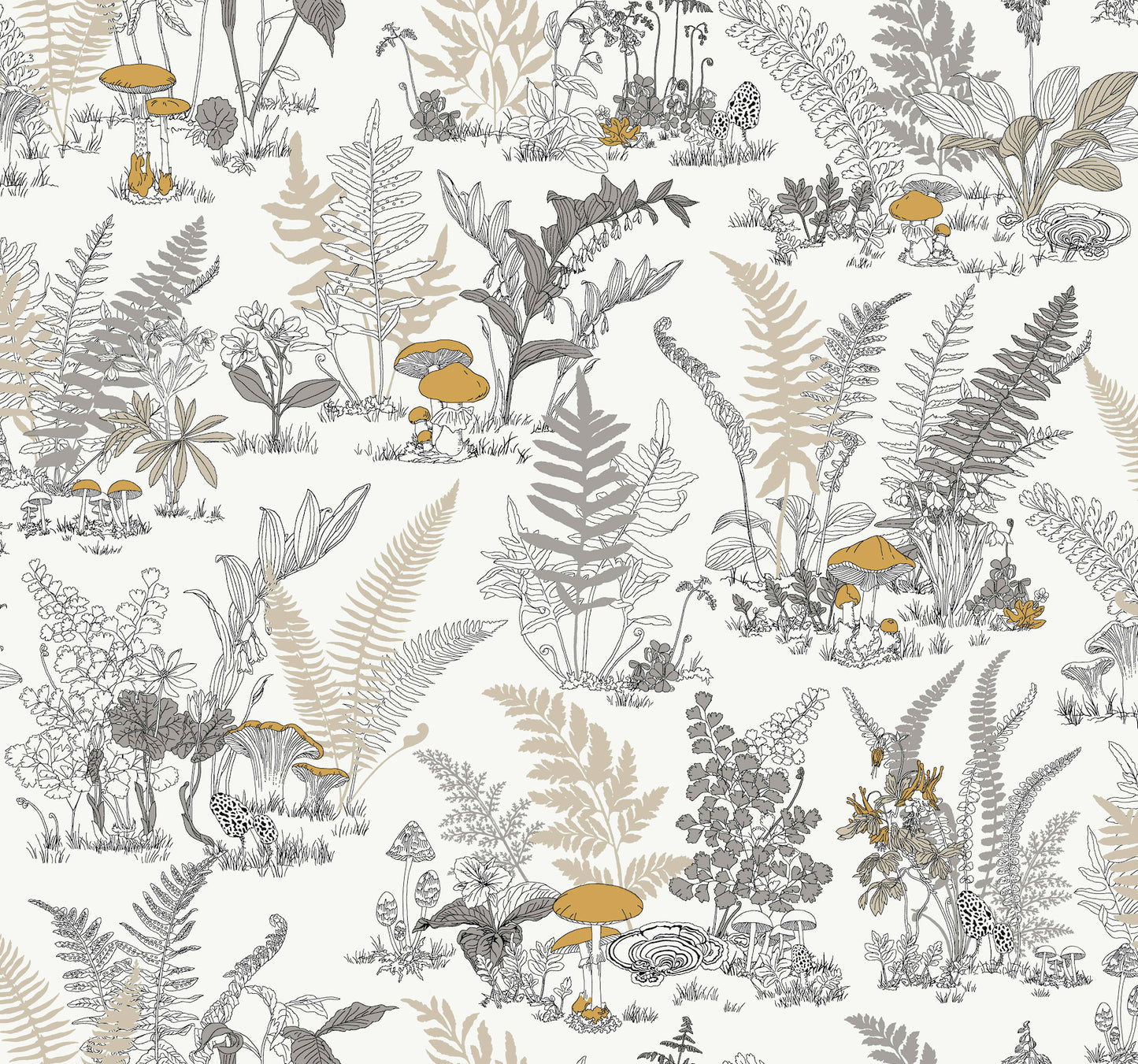 York Wallcoverings Toile Resource Library Mushroom Garden Toile Neutral and Gold Wallpaper Whimsical Toile Whites and Off-Whites   - RT7892