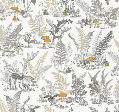 York Wallcoverings Toile Resource Library Mushroom Garden Toile Neutral and Gold Wallpaper Whimsical Toile Whites and Off-Whites   - RT7892