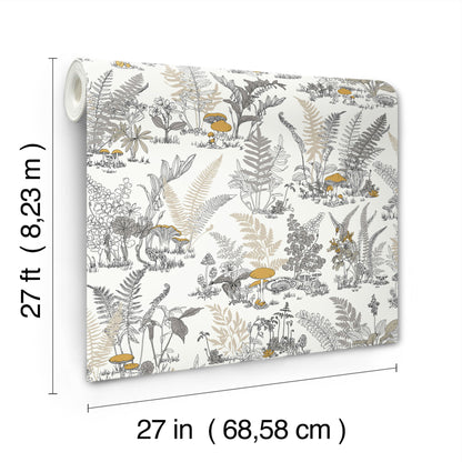 York Wallcoverings Toile Resource Library Mushroom Garden Toile Neutral and Gold Wallpaper Whimsical Toile Whites and Off-Whites   - RT7892