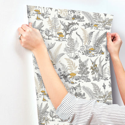 York Wallcoverings Toile Resource Library Mushroom Garden Toile Neutral and Gold Wallpaper Whimsical Toile Whites and Off-Whites   - RT7892