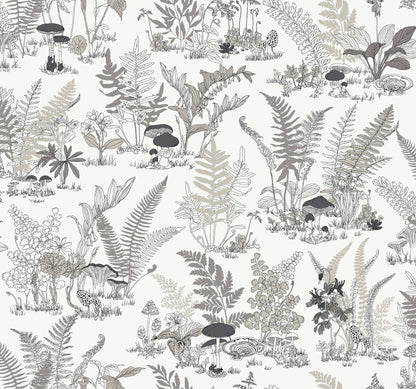 York Wallcoverings Toile Resource Library Mushroom Garden Toile Black and Grey Wallpaper Whimsical Toile Whites and Off-Whites   - RT7893