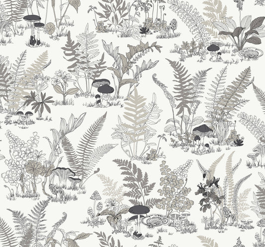 York Wallcoverings Toile Resource Library Mushroom Garden Toile Black and Grey Wallpaper Whimsical Toile Whites and Off-Whites   - RT7893