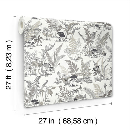 York Wallcoverings Toile Resource Library Mushroom Garden Toile Black and Grey Wallpaper Whimsical Toile Whites and Off-Whites   - RT7893