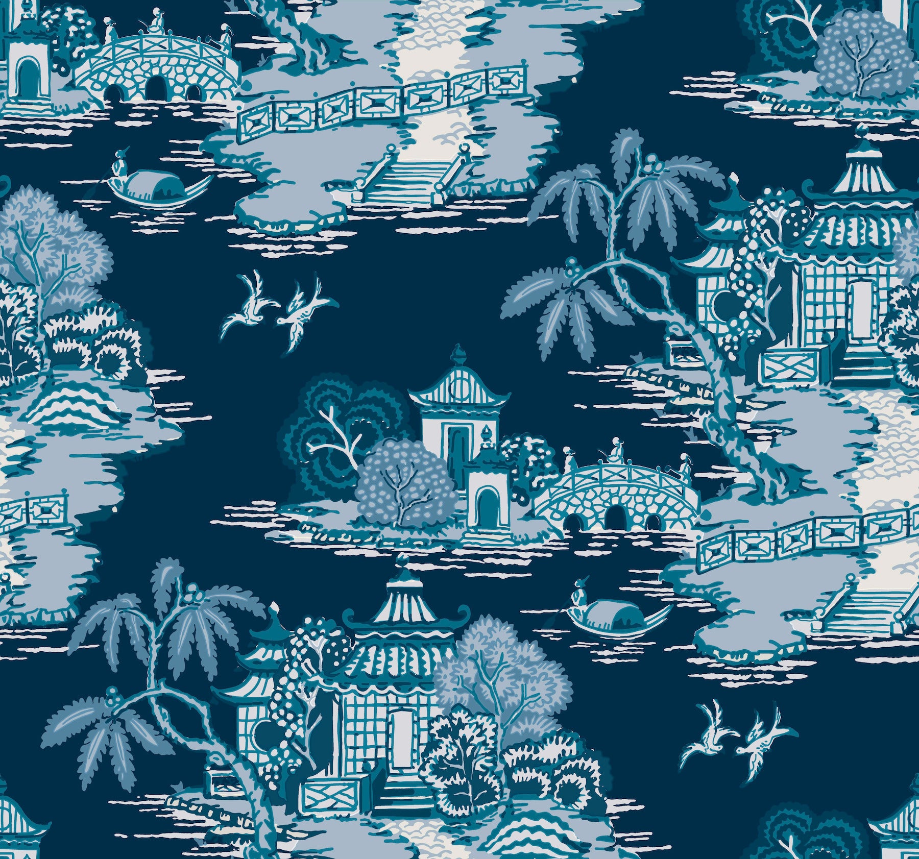Toile-style wallpaper in navy and light blue with pagodas, bridges, palm trees, boats and birds.