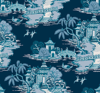 Toile-style wallpaper in navy and light blue with pagodas, bridges, palm trees, boats and birds.