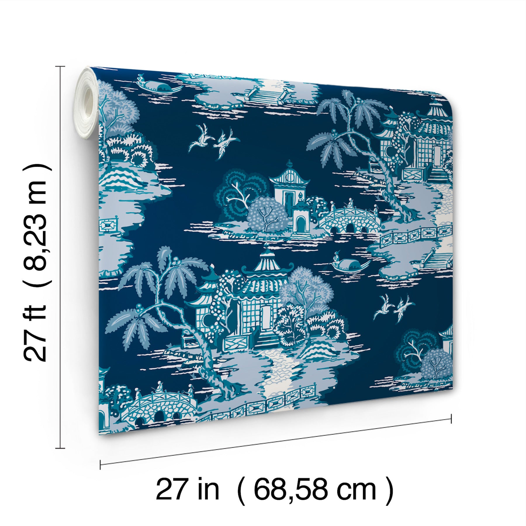 Roll of navy wallpaper with light-blue chinoiserie landscape, pagodas and bridges; 27 in wide, 27 ft long.