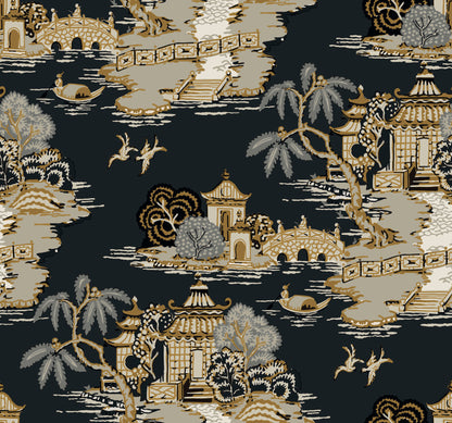 York Wallcoverings Toile Resource Library Pagoda And Sampan Scenic Black Wallpaper Modern Toile Blacks   - RT7902