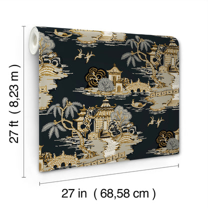 York Wallcoverings Toile Resource Library Pagoda And Sampan Scenic Black Wallpaper Modern Toile Blacks   - RT7902